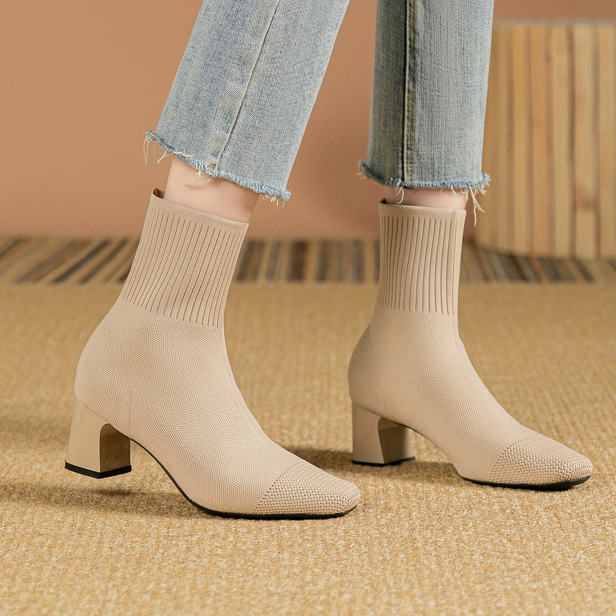 Women's Block Heel Knit Ankle Boot