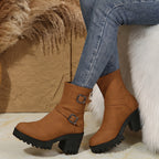 Women's Buckle-Strap Block Heel Boots