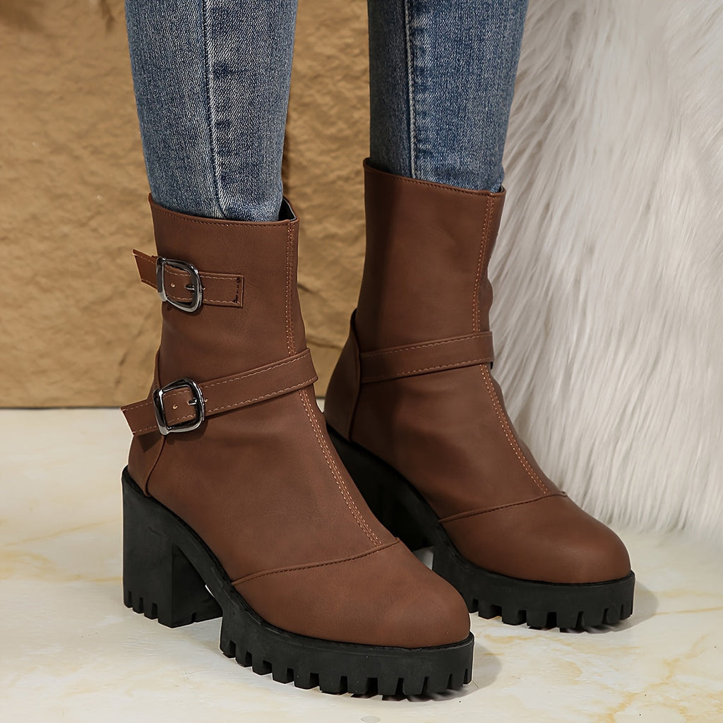 Women's Buckle-Strap Block Heel Boots