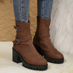 Women's Buckle-Strap Block Heel Boots