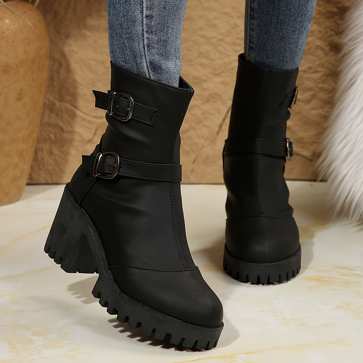 Women's Buckle-Strap Block Heel Boots