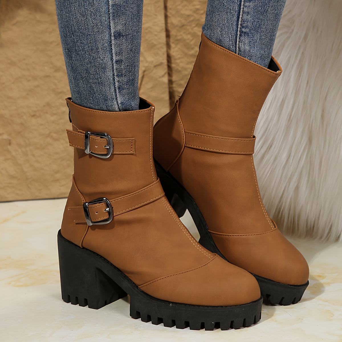 Women's Buckle-Strap Block Heel Boots