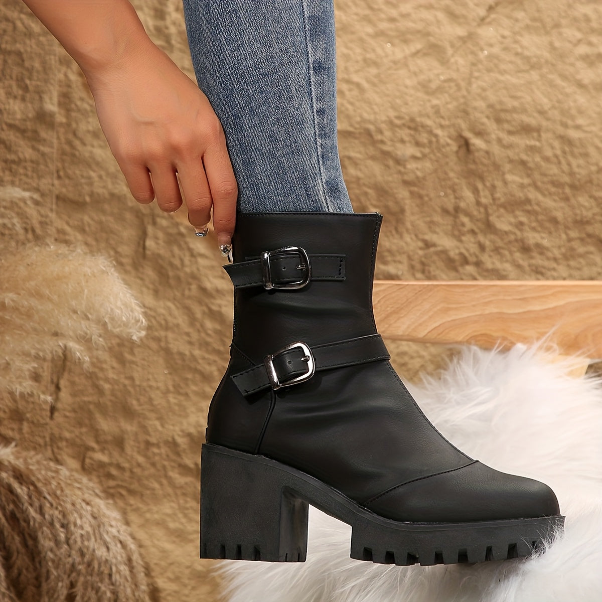 Women's Buckle-Strap Block Heel Boots