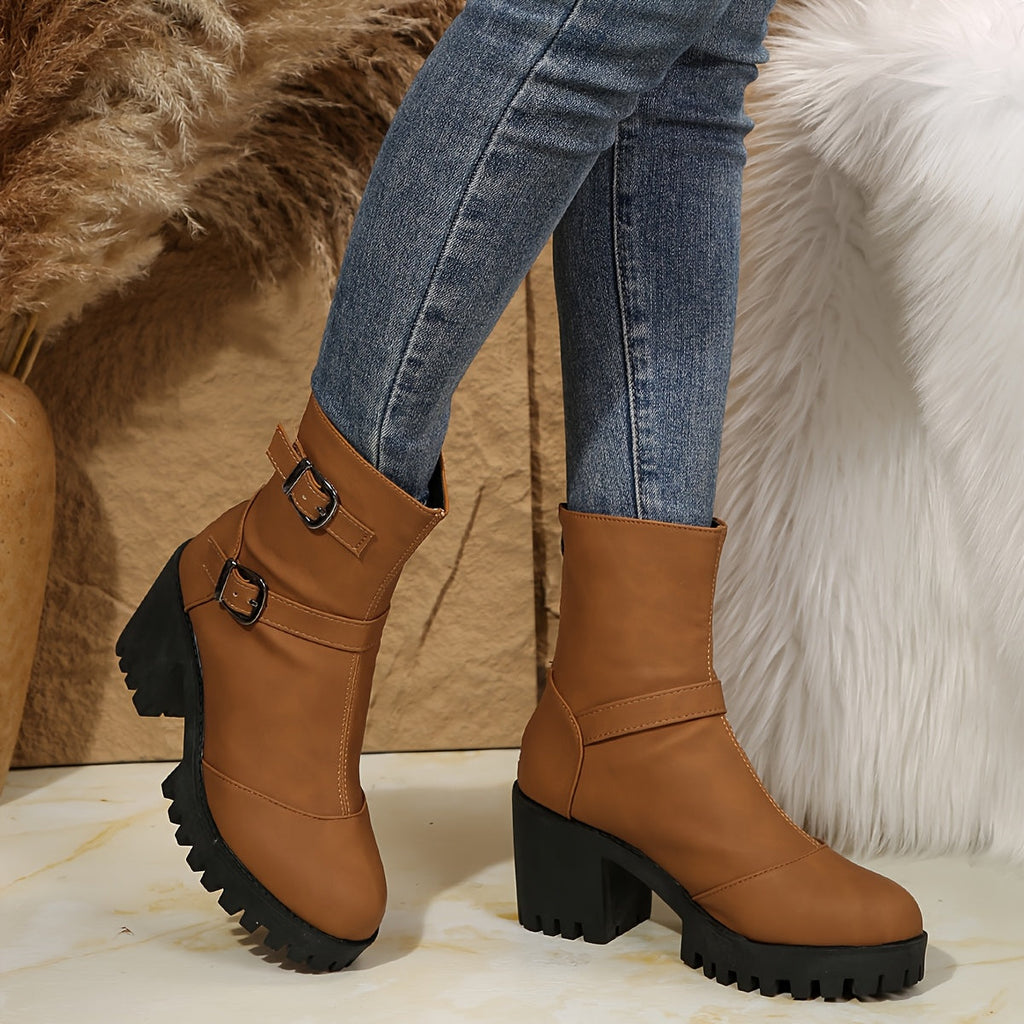 Women's Buckle-Strap Block Heel Boots
