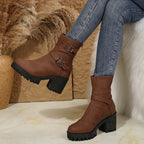 Women's Buckle-Strap Block Heel Boots
