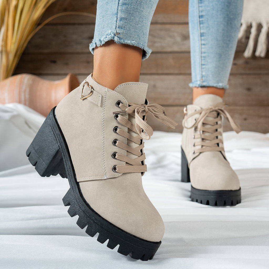 Women's Beige Block Heel Ankle Boots