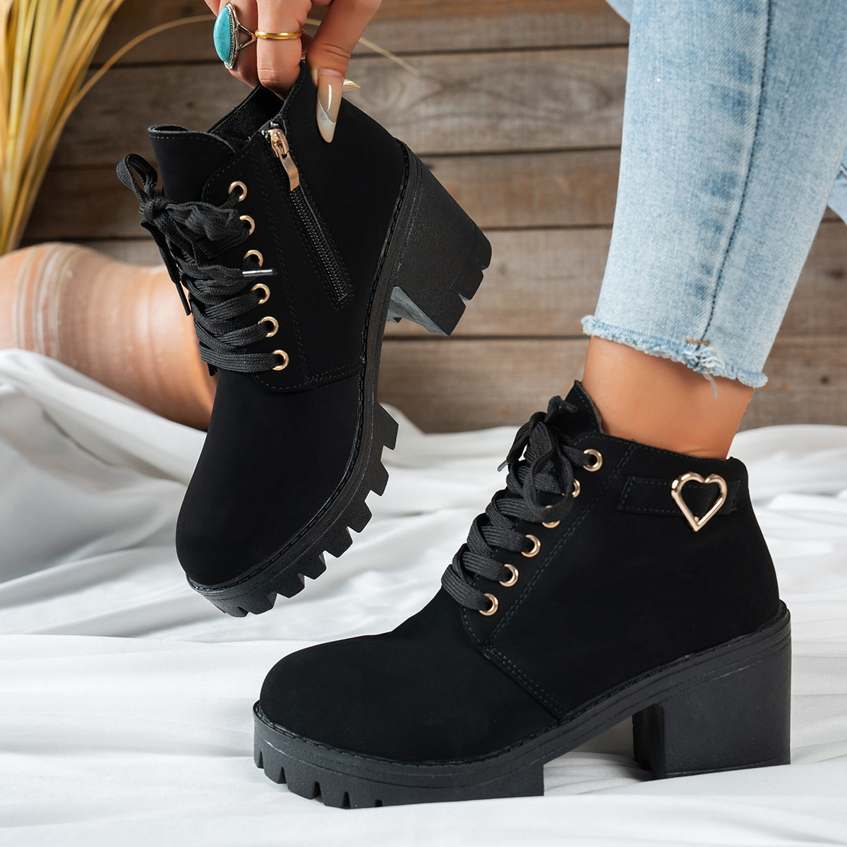 Women's Beige Block Heel Ankle Boots