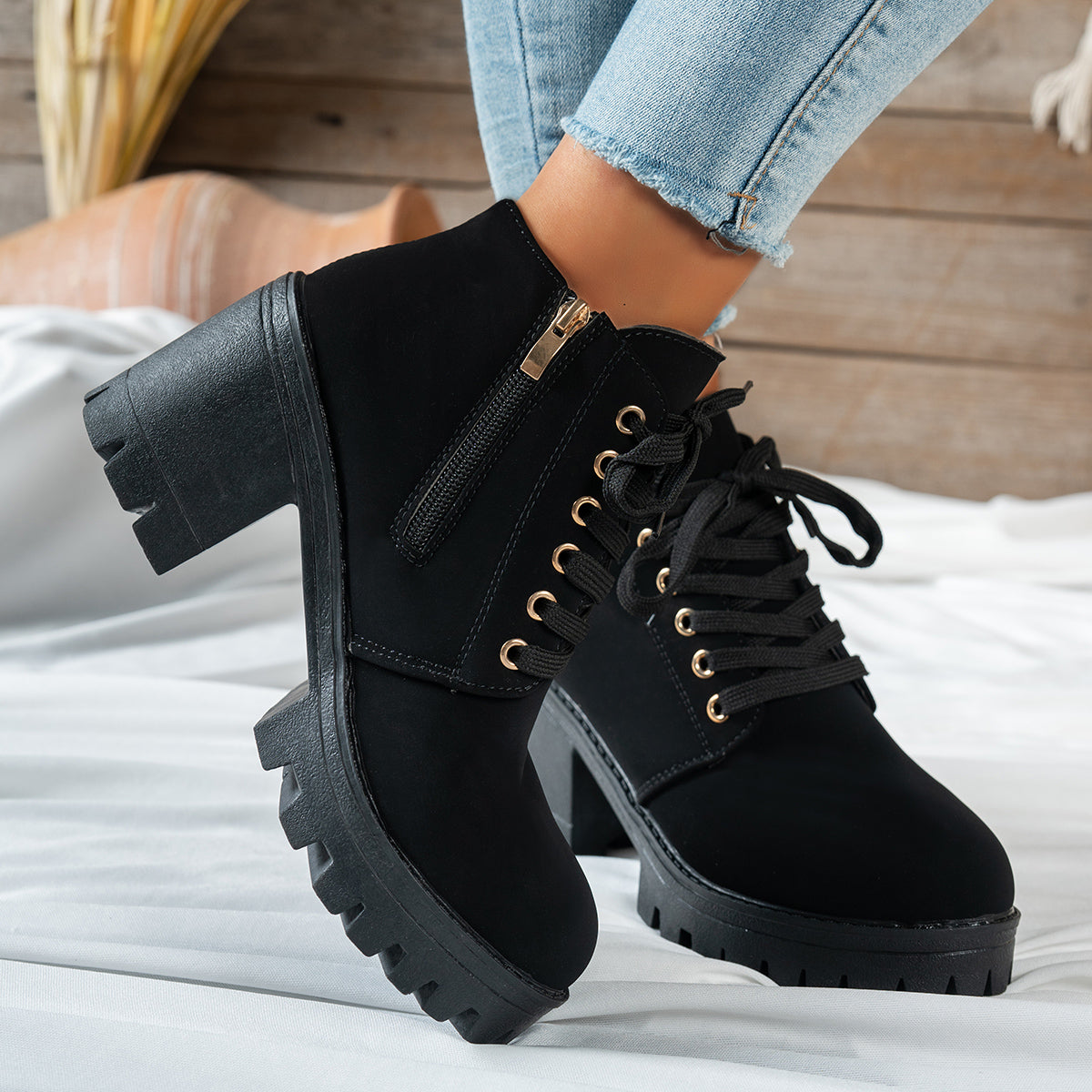 Women's Beige Block Heel Ankle Boots