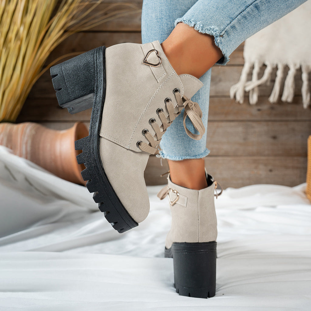 Women's Beige Block Heel Ankle Boots