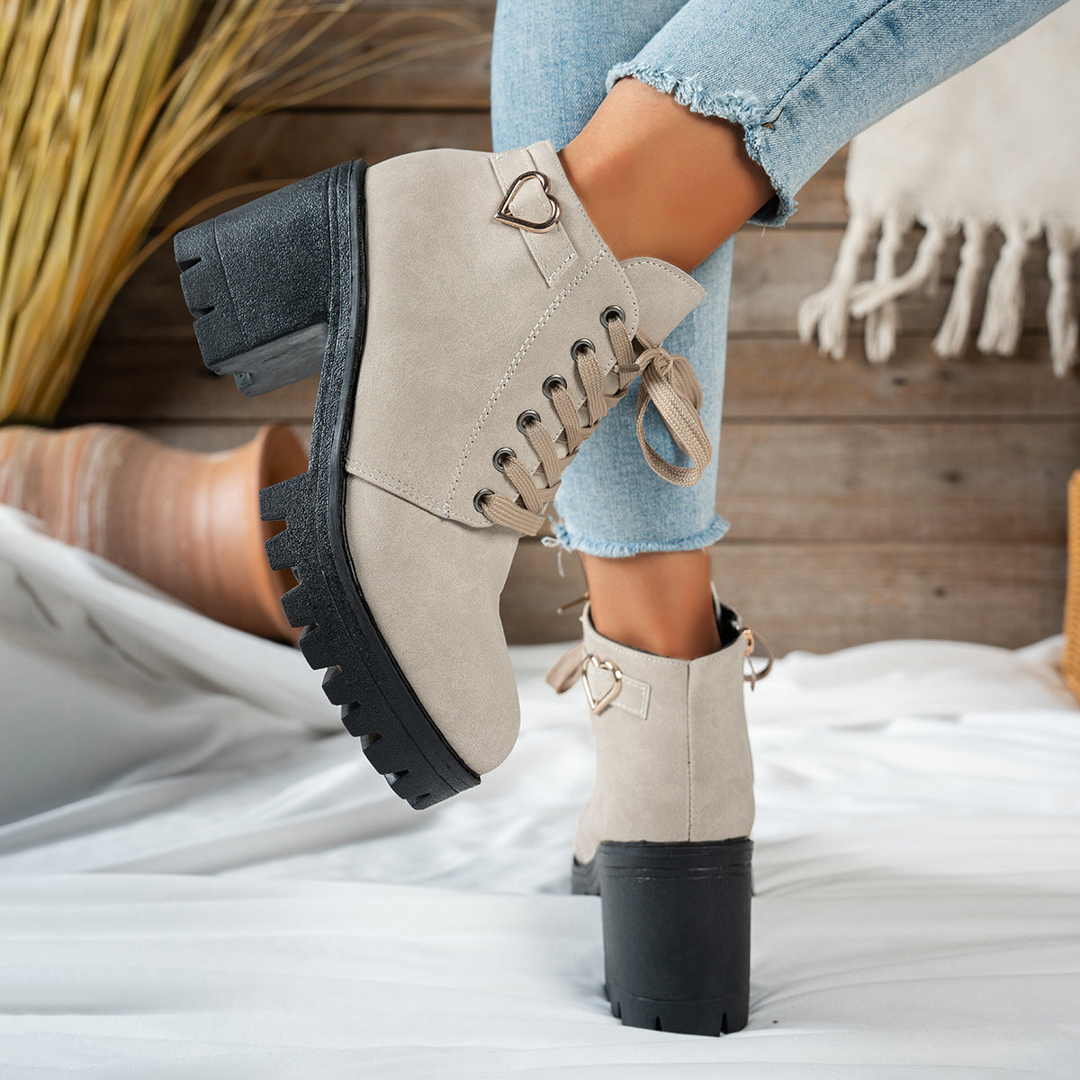 Women's Beige Block Heel Ankle Boots