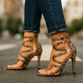 Women's Snake Print Strappy Stiletto Heels