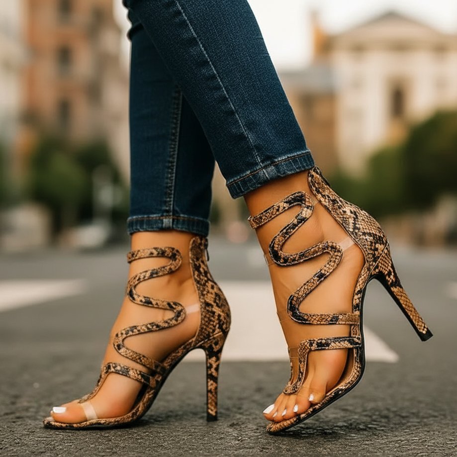 Women's Snake Print Strappy Stiletto Heels