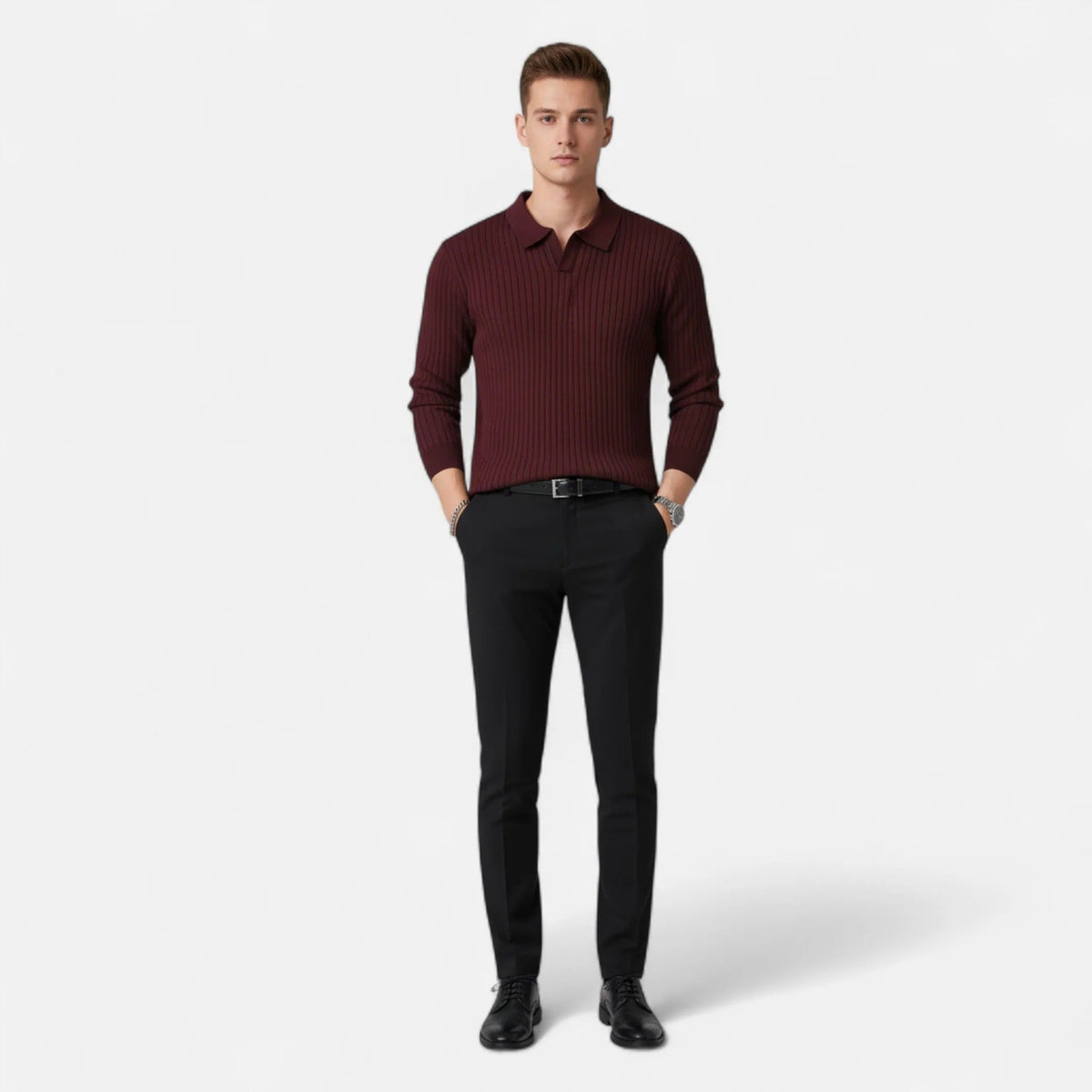 Men's Ribbed Collared Long Sleeve Polo