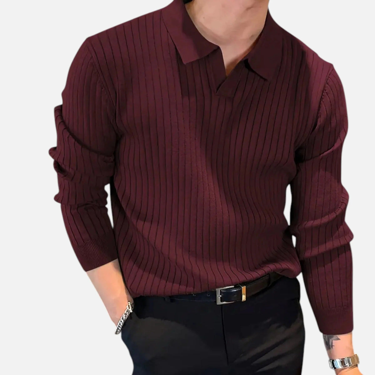 Men's Ribbed Collared Long Sleeve Polo