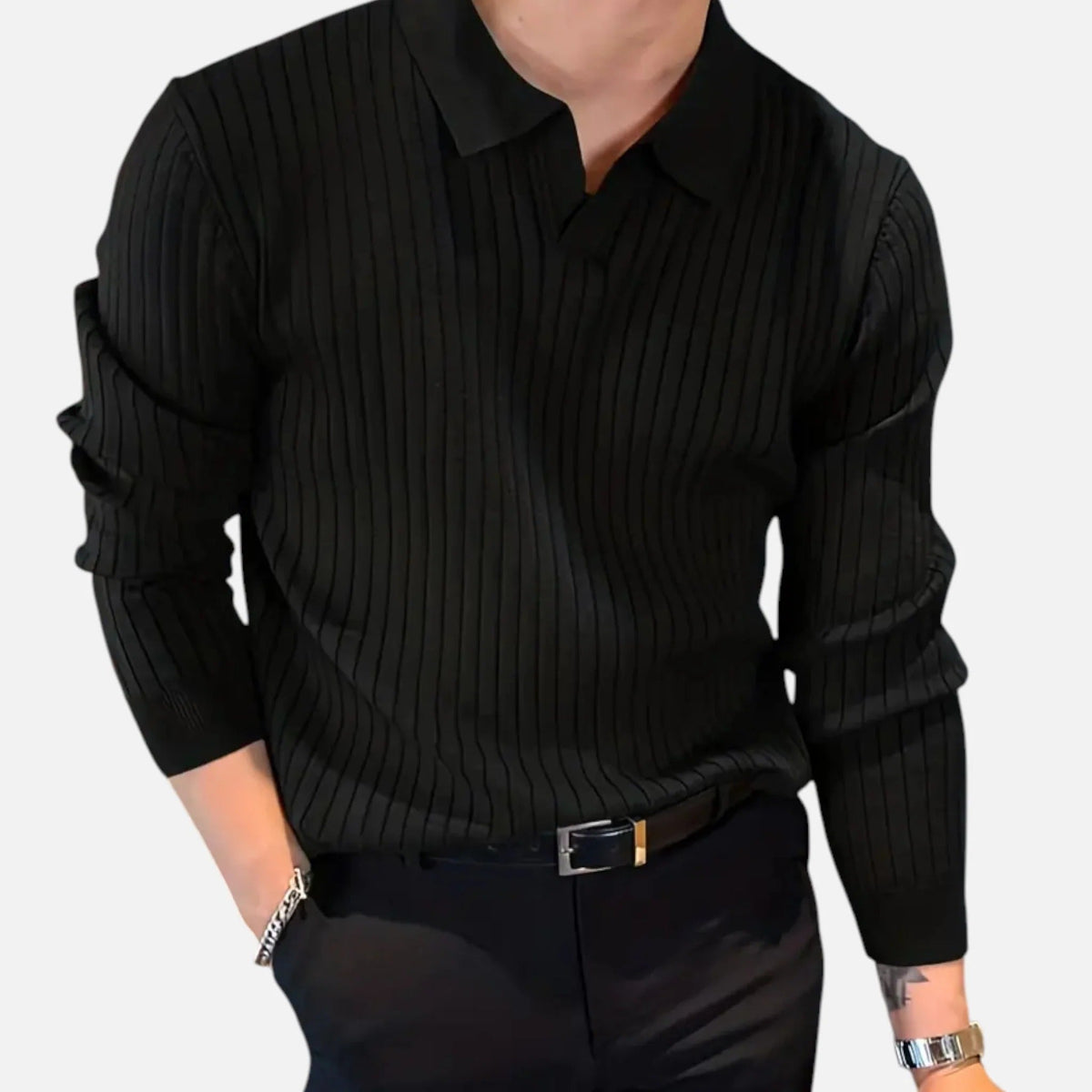 Men's Ribbed Collared Long Sleeve Polo