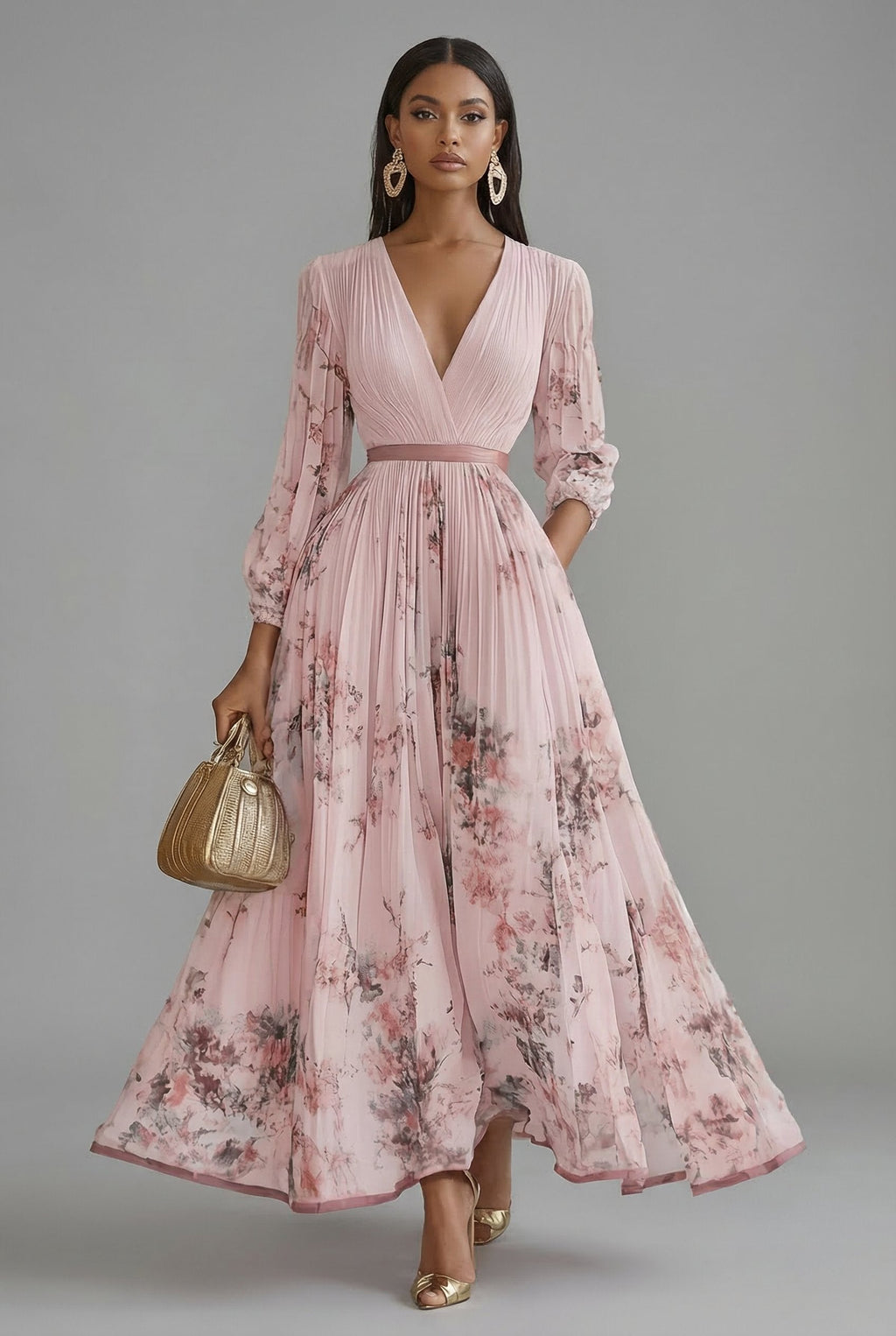 Women's Floral Pleated Maxi Dress