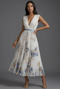 Women's Floral Pleated V-Neck Dress