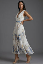 Women's Floral Pleated V-Neck Dress