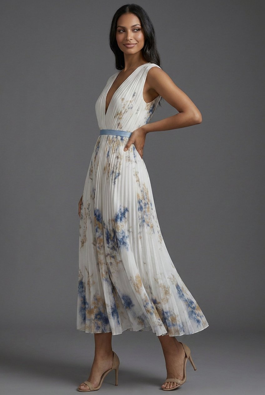 Women's Floral Pleated V-Neck Dress