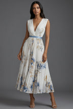 Women's Floral Pleated V-Neck Dress