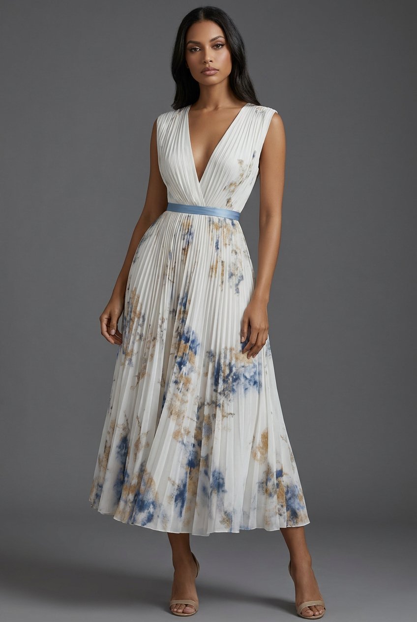 Women's Floral Pleated V-Neck Dress