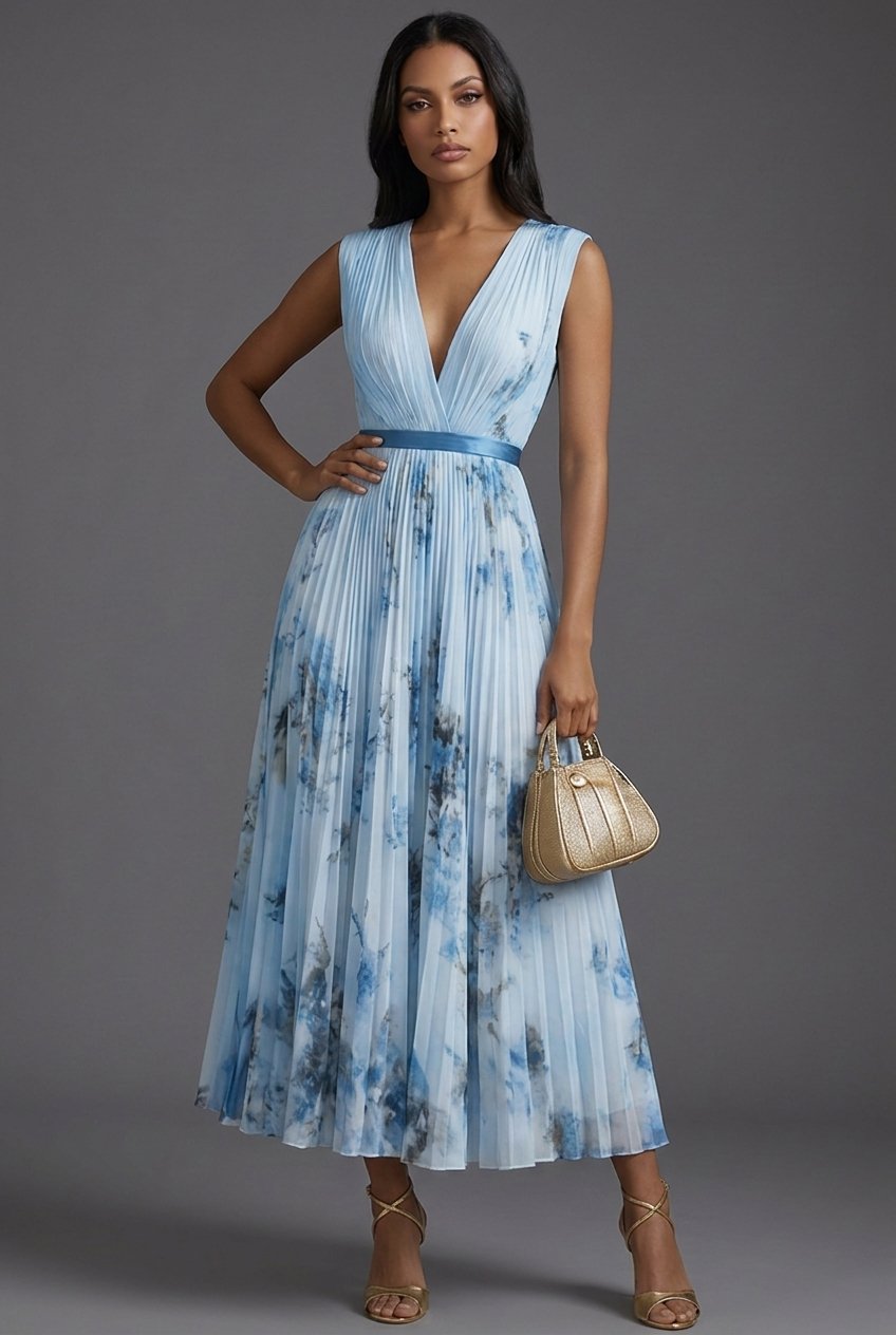 Women's Floral Pleated V-Neck Dress