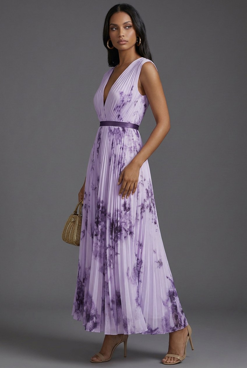 Women's Floral Pleated V-Neck Dress