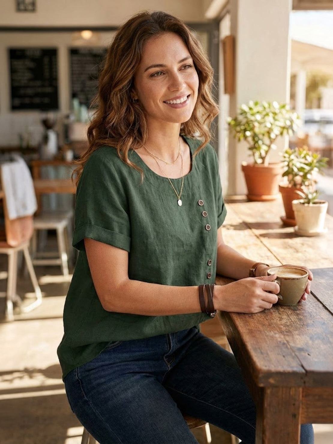 Women's Round Neck Linen Blouse