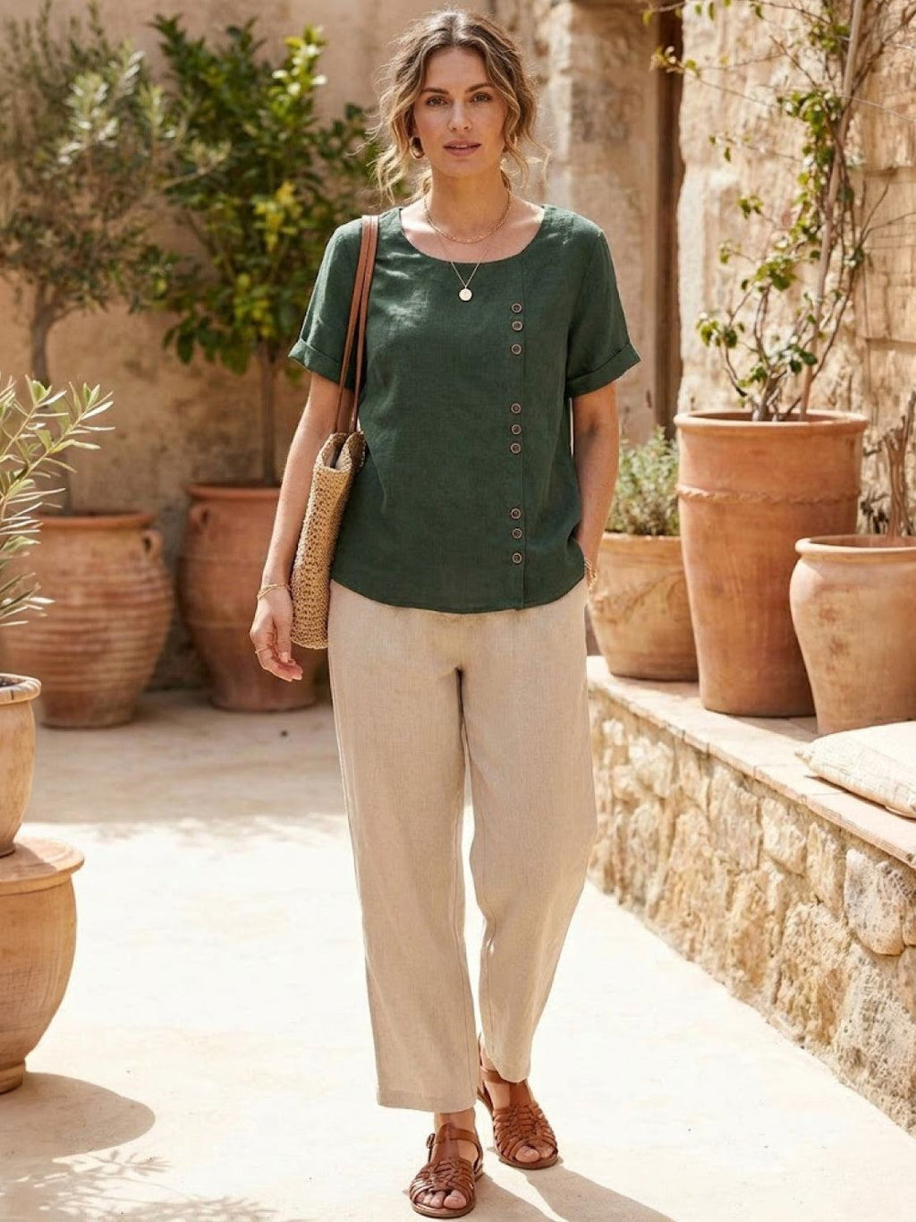 Women's Round Neck Linen Blouse