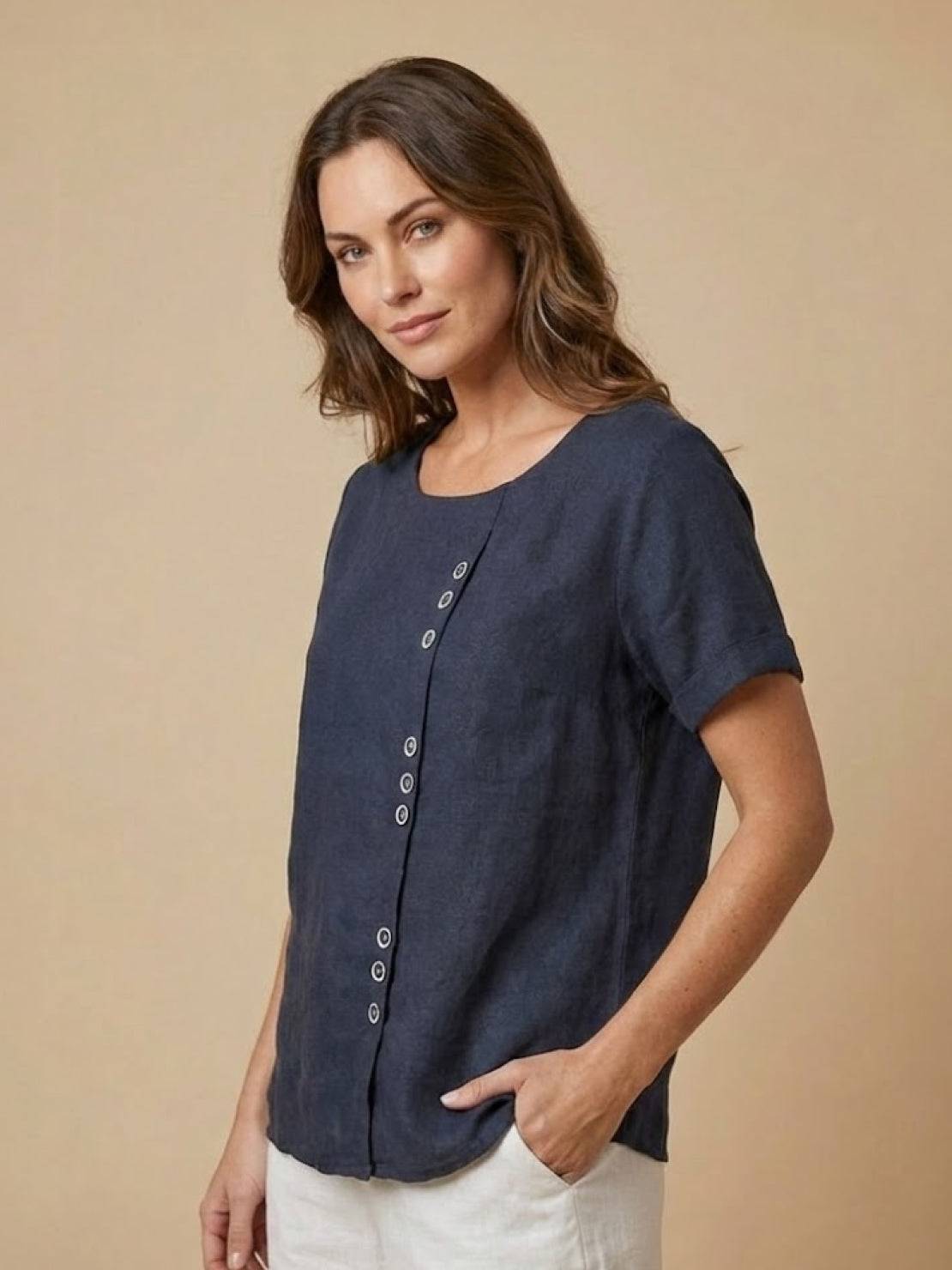 Women's Round Neck Linen Blouse