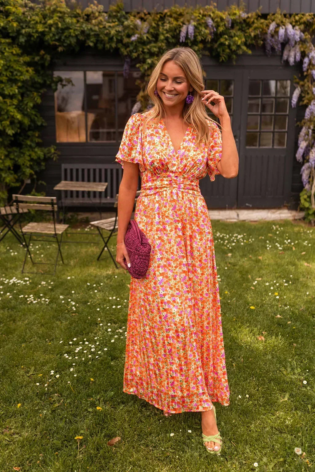 Women's Floral Flutter-Sleeve Maxi Dress