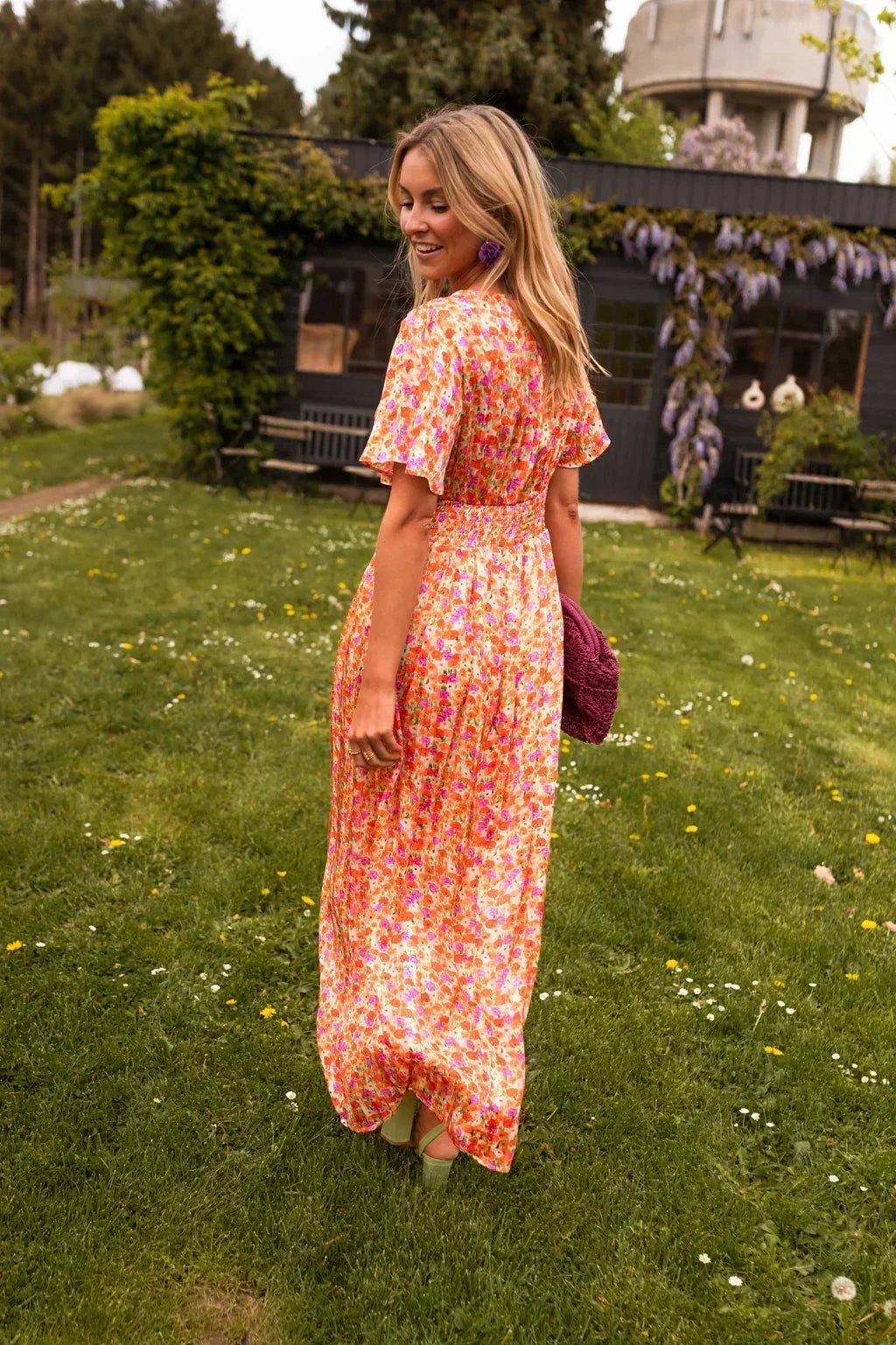 Women's Floral Flutter-Sleeve Maxi Dress