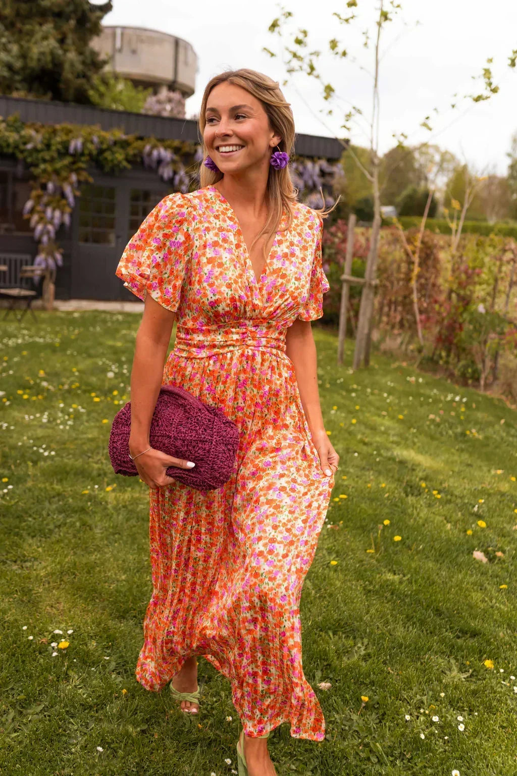 Women's Floral Flutter-Sleeve Maxi Dress