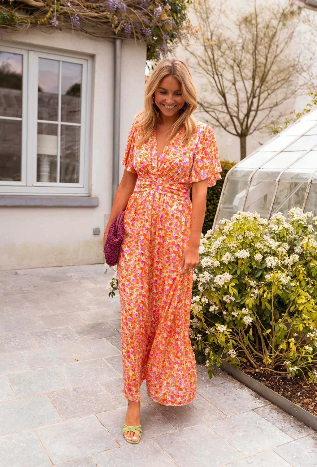 Women's Floral Flutter-Sleeve Maxi Dress
