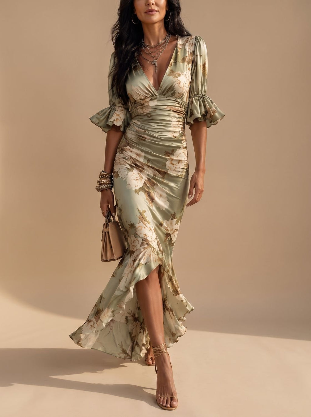 Women's Floral Ruched Midi Dress