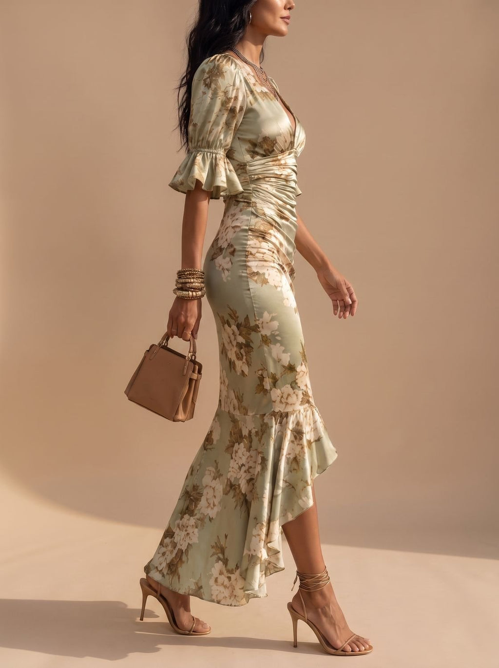 Women's Floral Ruched Midi Dress