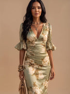 Women's Floral Ruched Midi Dress