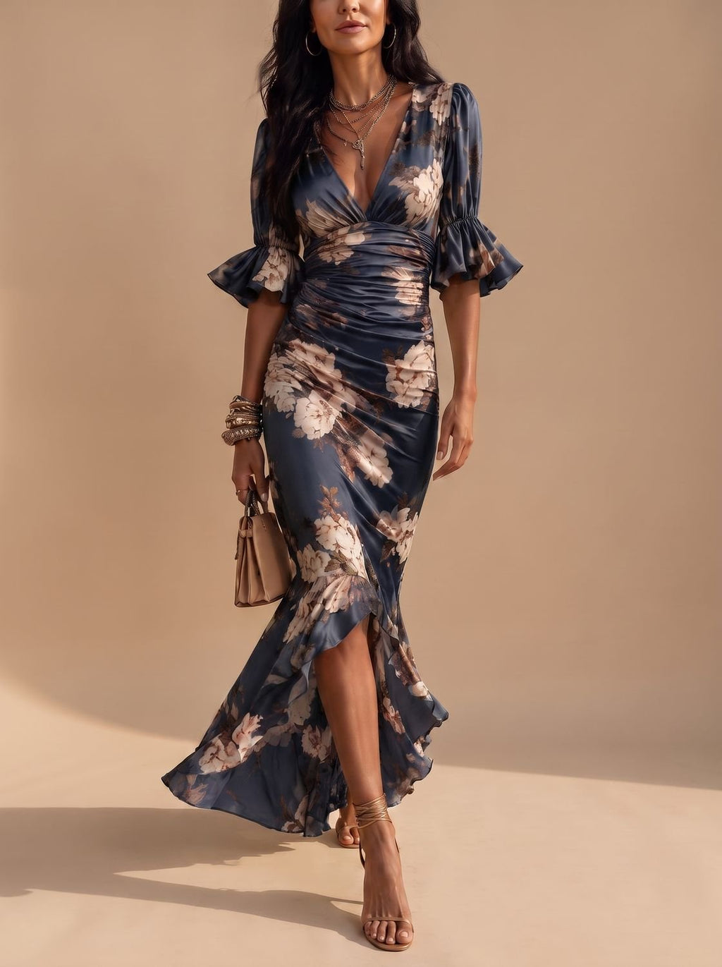Women's Floral Ruched Midi Dress