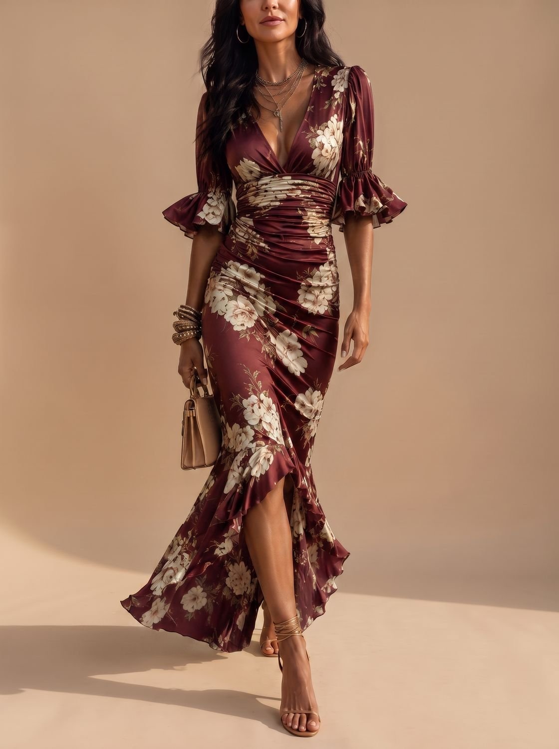 Women's Floral Ruched Midi Dress