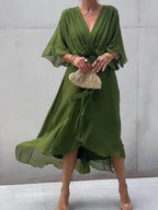 Women's Belted Chiffon Midi Dress