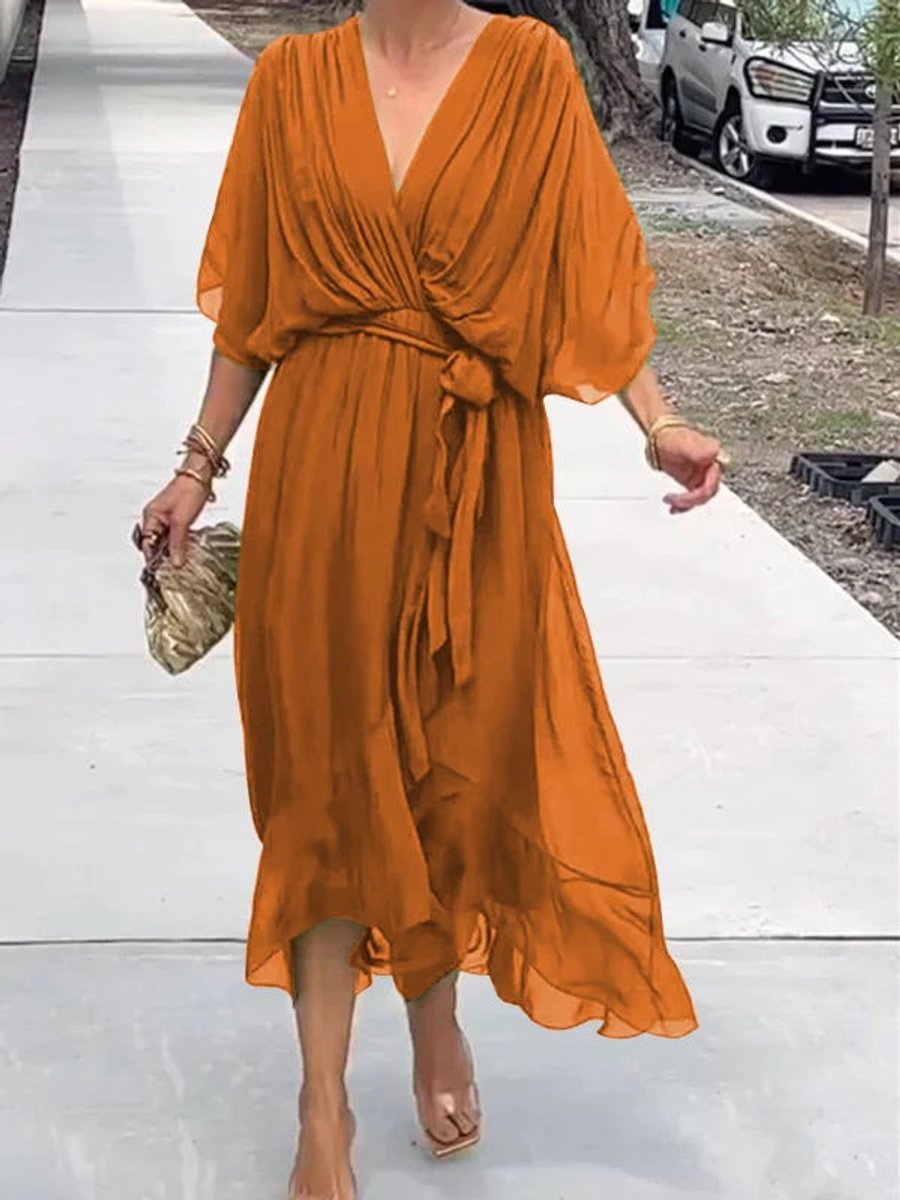 Women's Belted Chiffon Midi Dress