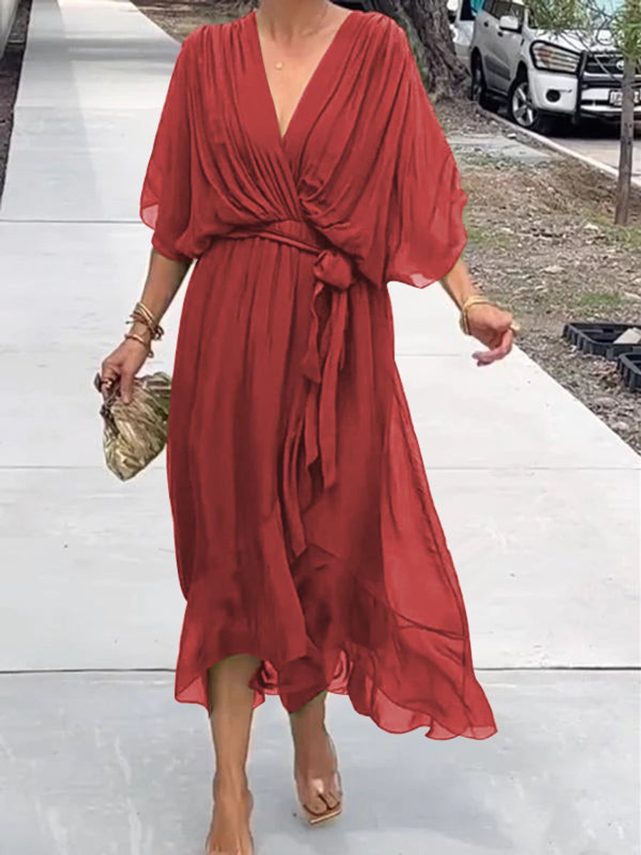 Women's Belted Chiffon Midi Dress