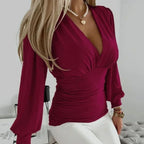 Women's Ruched Waist V-Neck Blouse