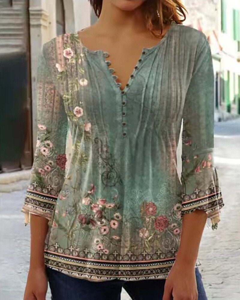 Women's Relaxed Floral Henley Blouse