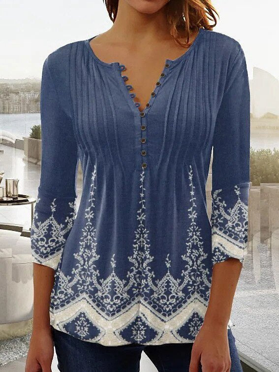 Women's Relaxed Floral Henley Blouse