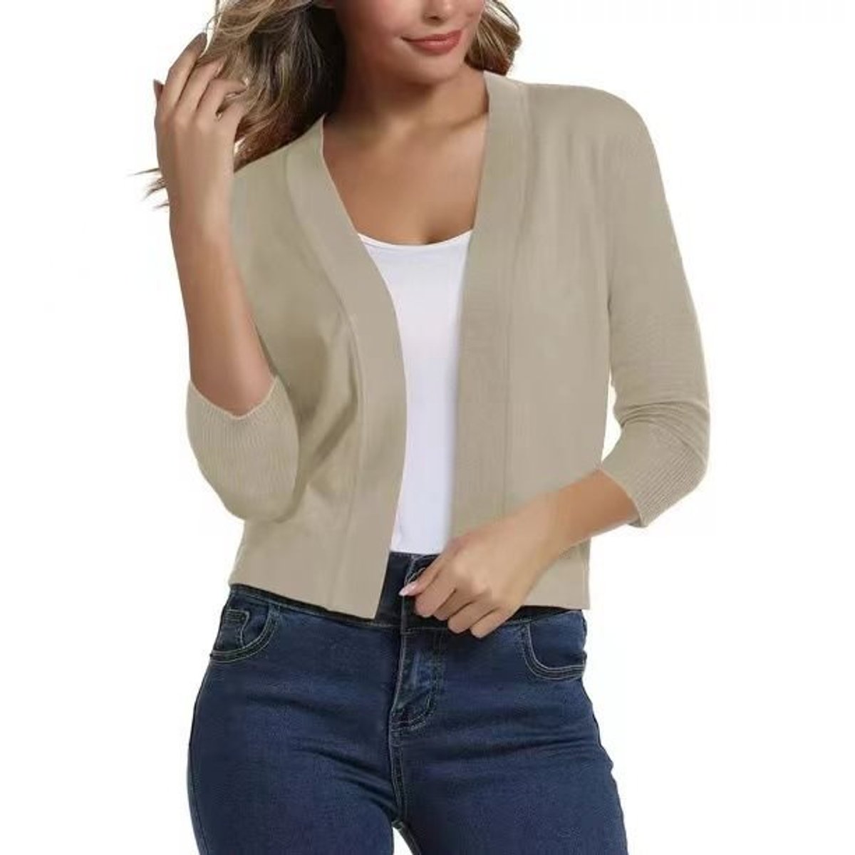 Women's Cropped Three-Quarter Sleeve Cardigan