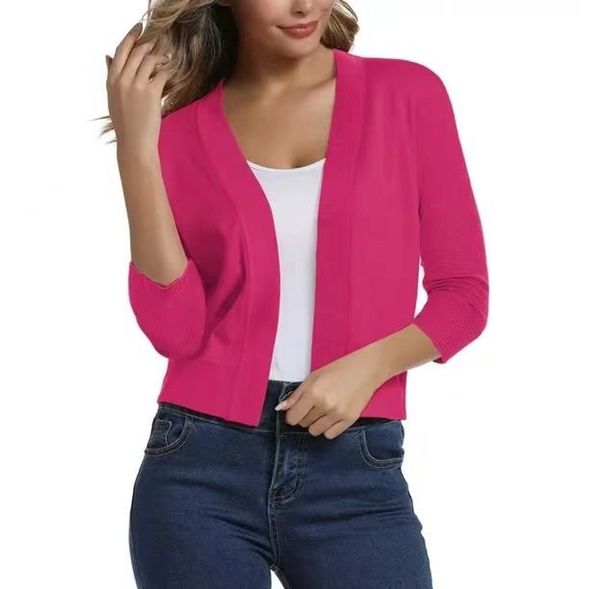 Women's Cropped Three-Quarter Sleeve Cardigan