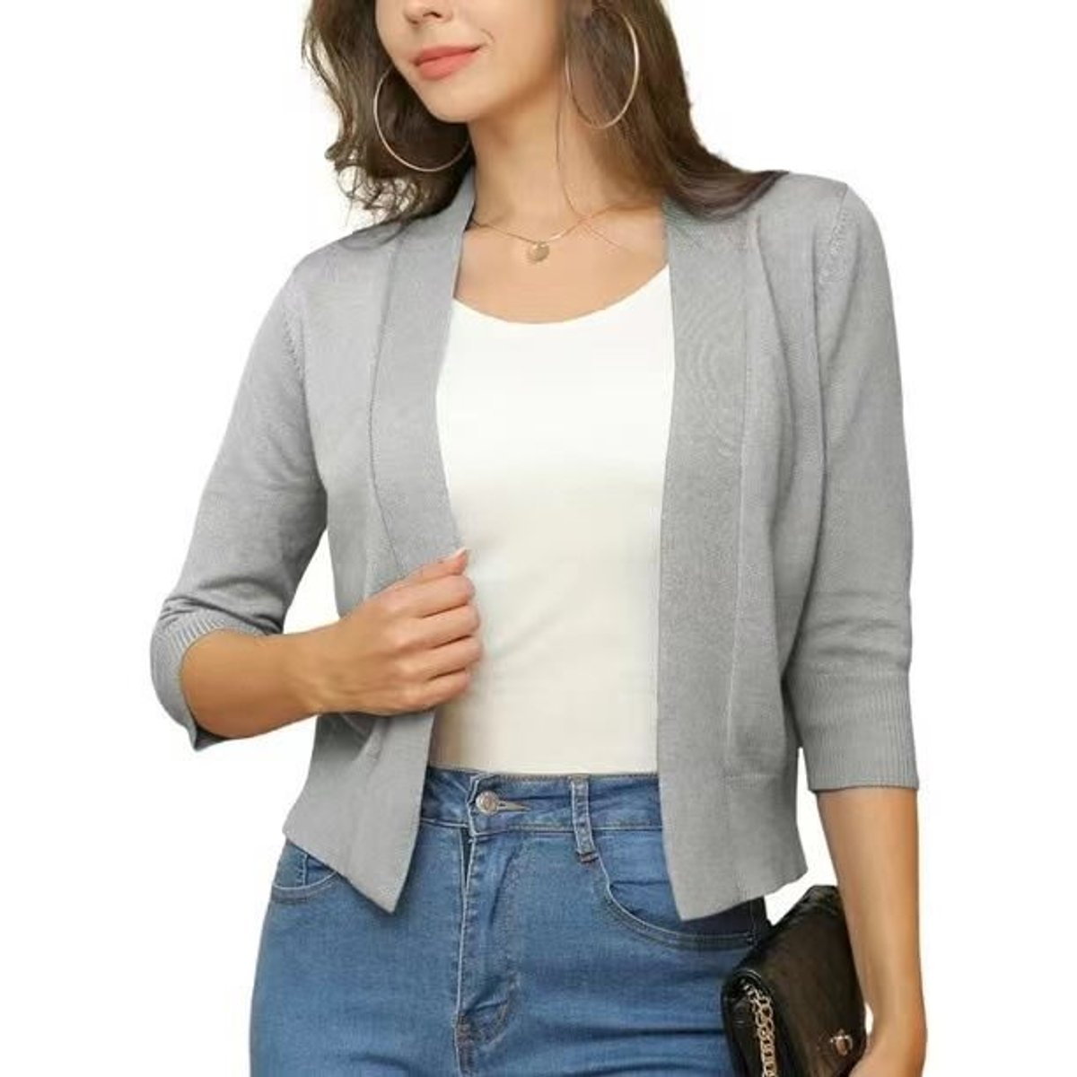Women's Cropped Three-Quarter Sleeve Cardigan