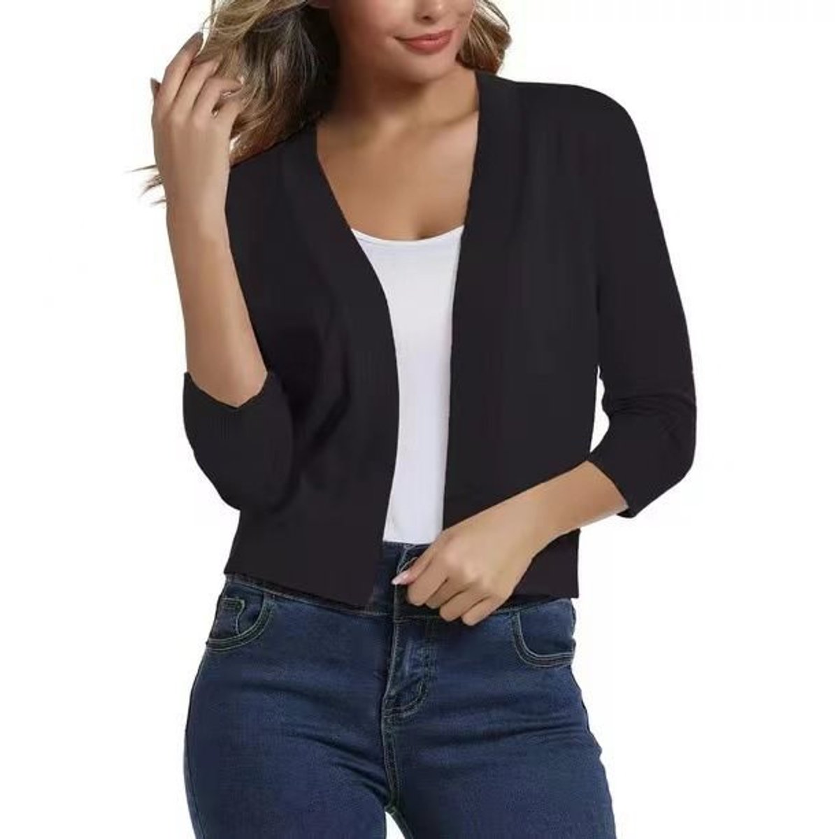 Women's Cropped Three-Quarter Sleeve Cardigan