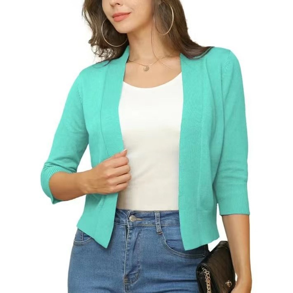 Women's Cropped Three-Quarter Sleeve Cardigan